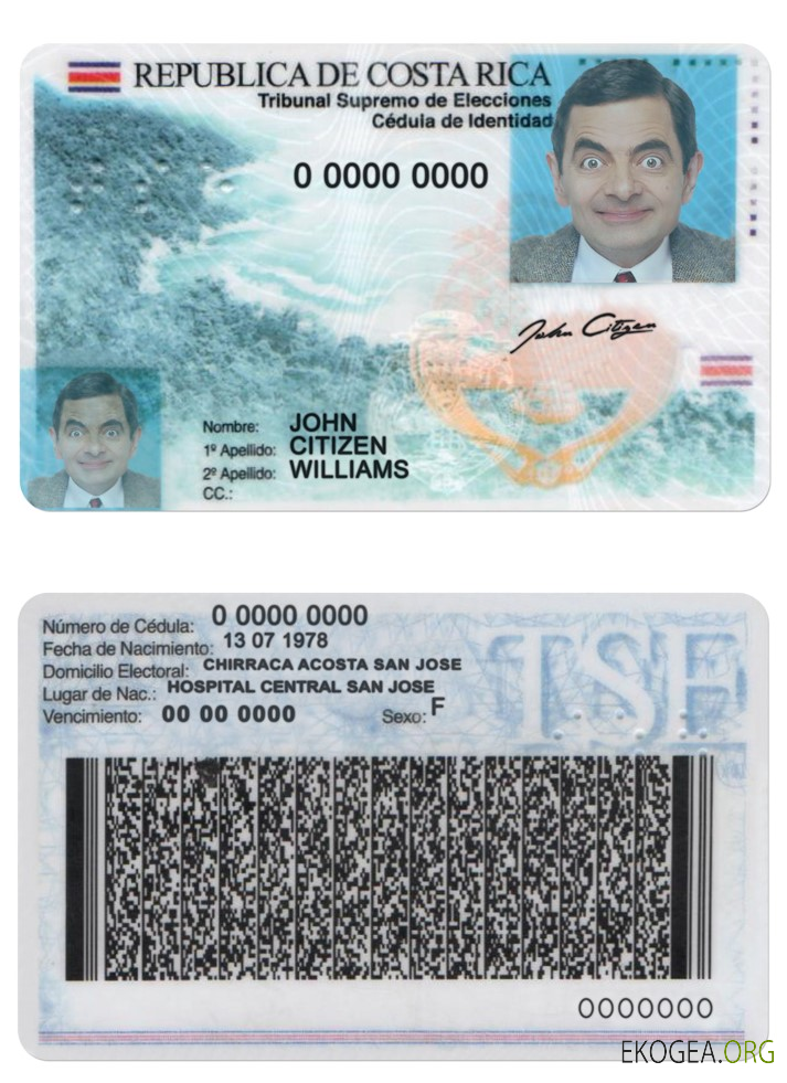 Modèle PSD de carte d'identité du Costa Rica, avec polices, version 2